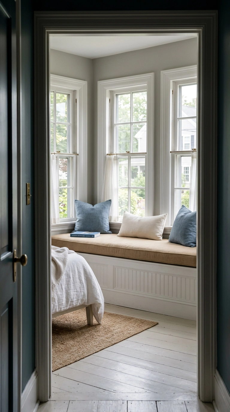 Bay window seat with a sand linen cushion in a cottage style bedroom