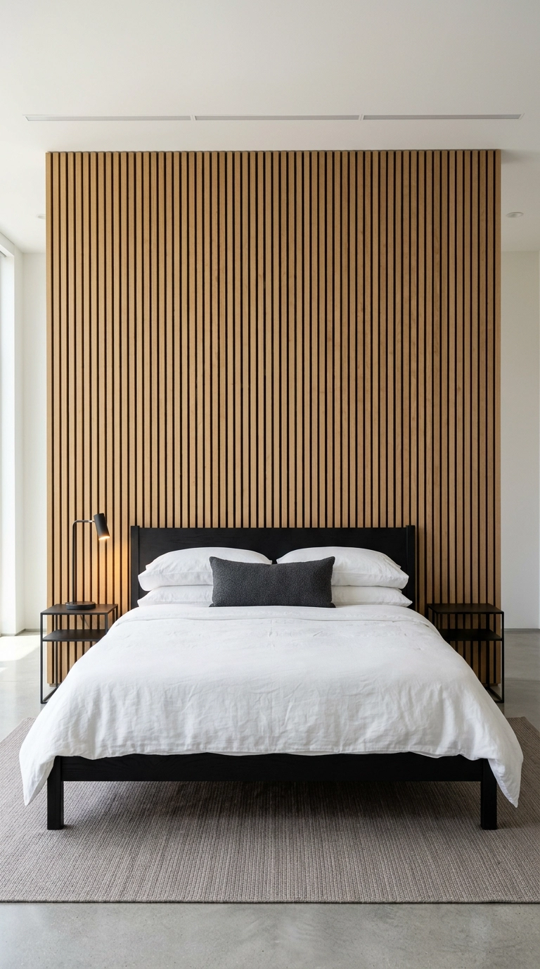 Vertical white oak slat wall behind a low black platform bed in a Japandi bedroom