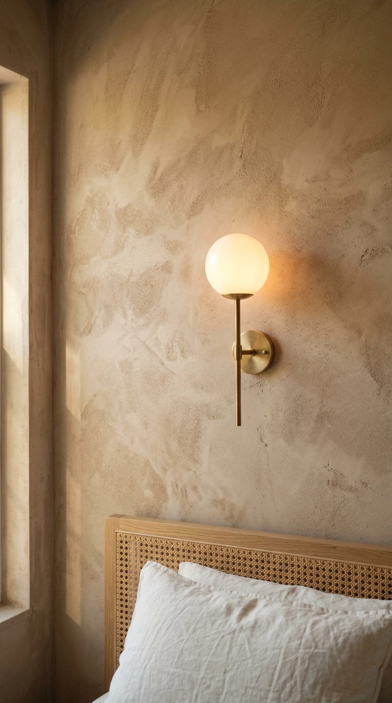 Mottled limewash plaster paint effect wall behind a cane headboard with brass sconce