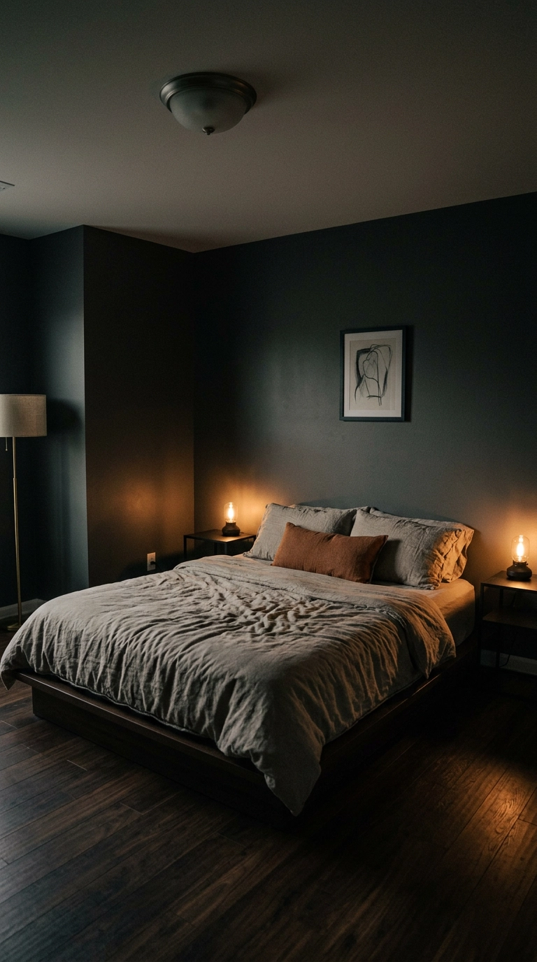 Bedroom at dusk lit only by two dimmed bedside lamps against charcoal walls