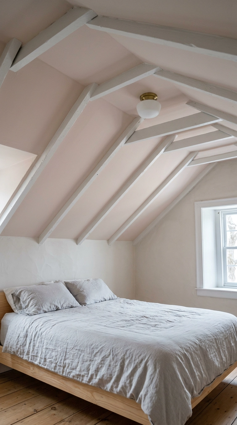 Attic bedroom with a soft blush-tinted ceiling painted deeper than the pale walls