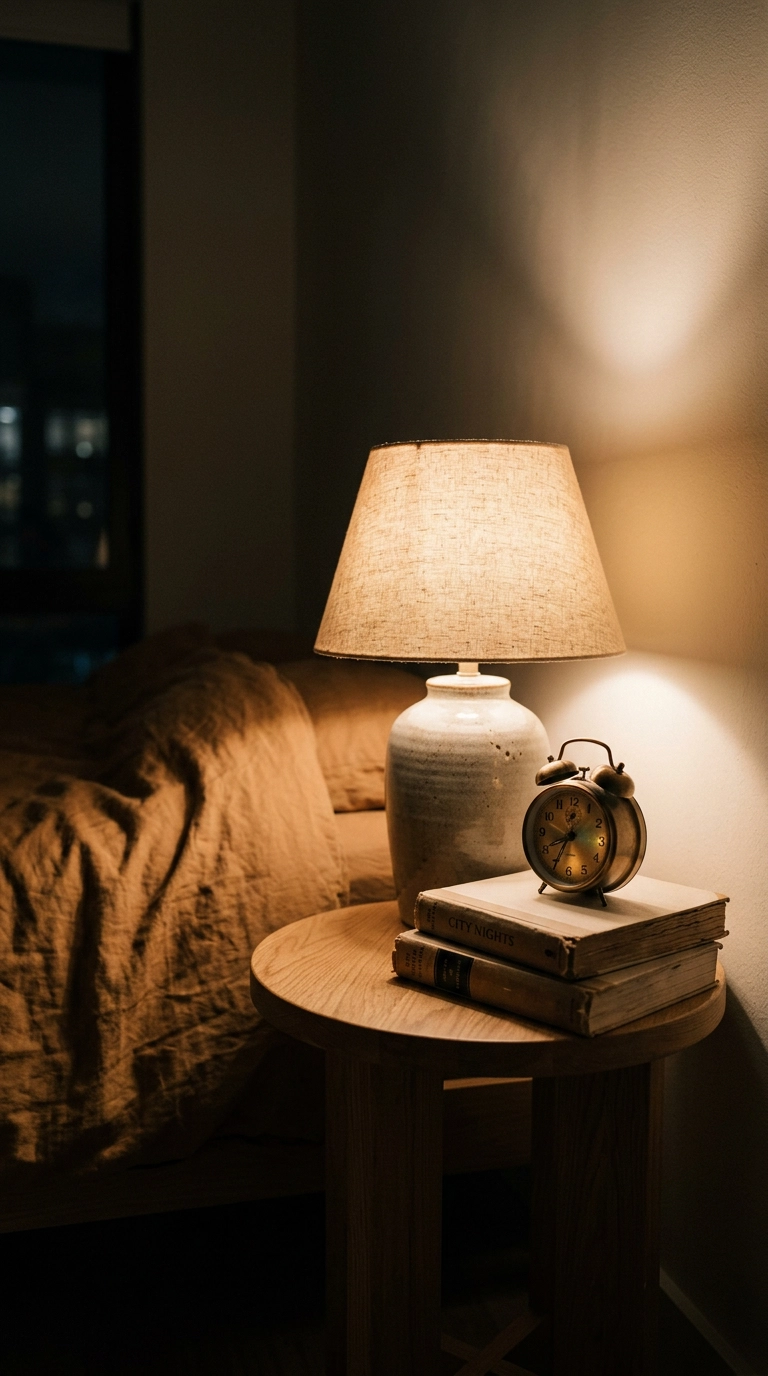 Warm bedside lamp glowing on an oak nightstand in a calming bedroom