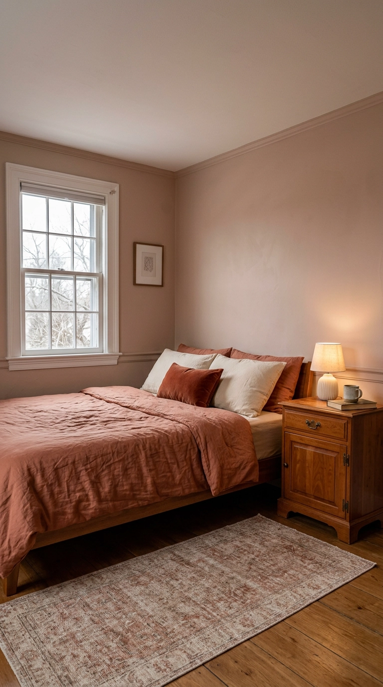 North facing bedroom warmed with clay walls and terracotta bedding