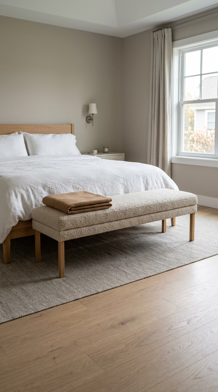 Long oatmeal boucle bench at the foot of a bed with a folded wool throw
