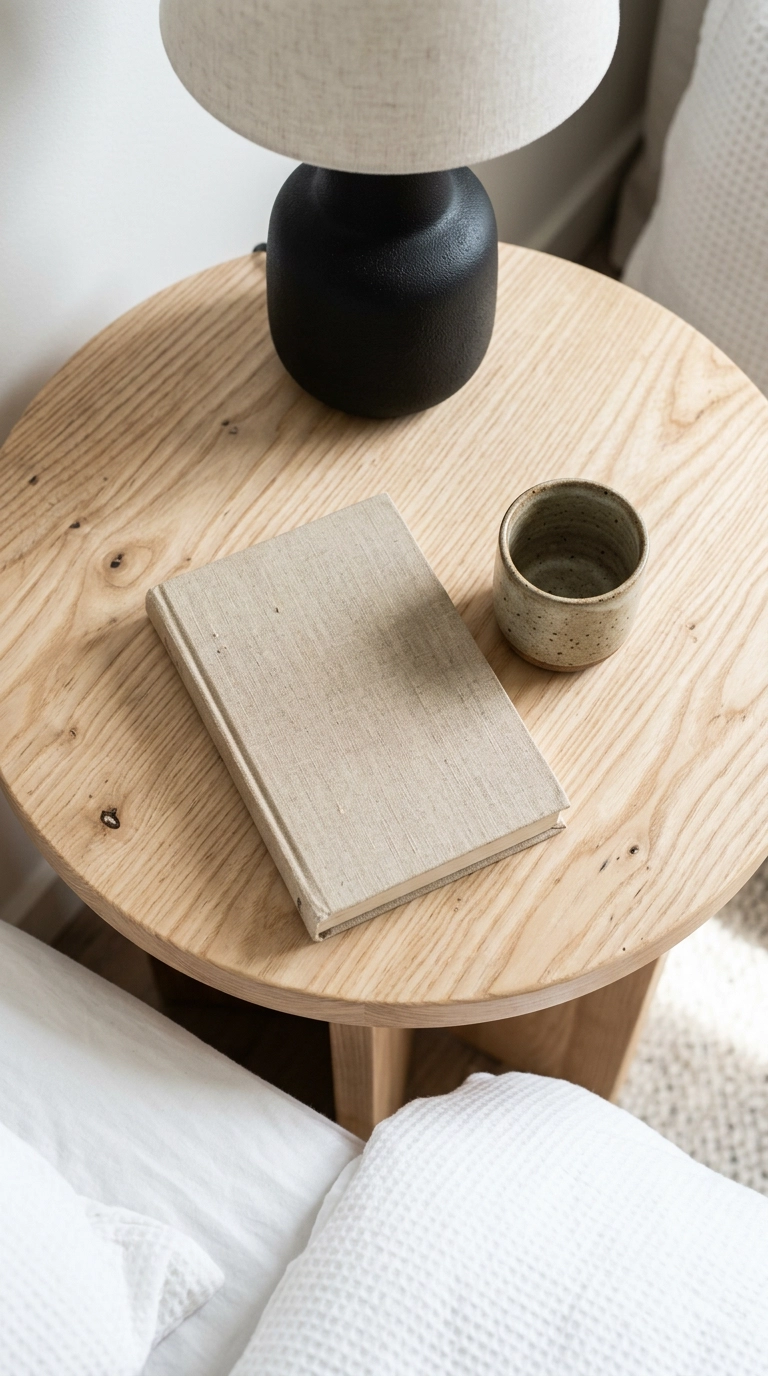 Minimal nightstand styled with only a lamp, book and stoneware cup