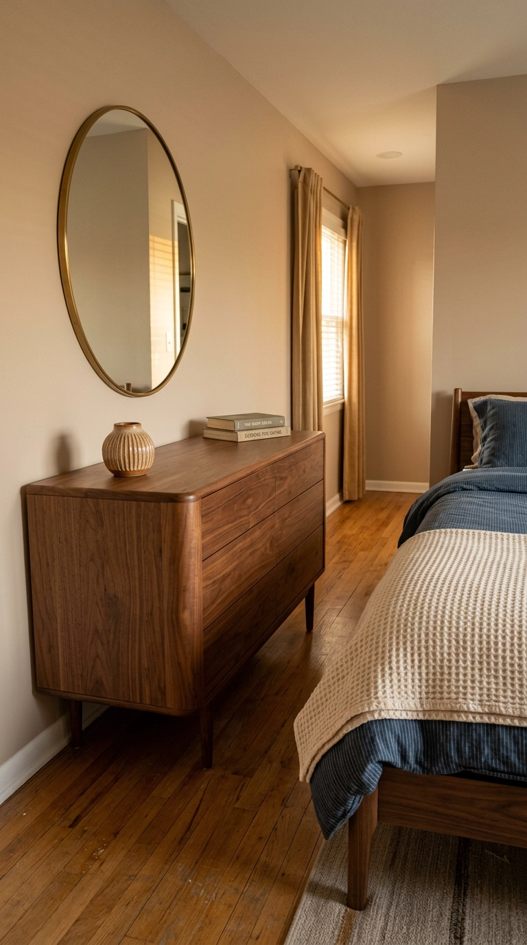 Low walnut dresser with rounded corners and visible legs in a mid-century bedroom