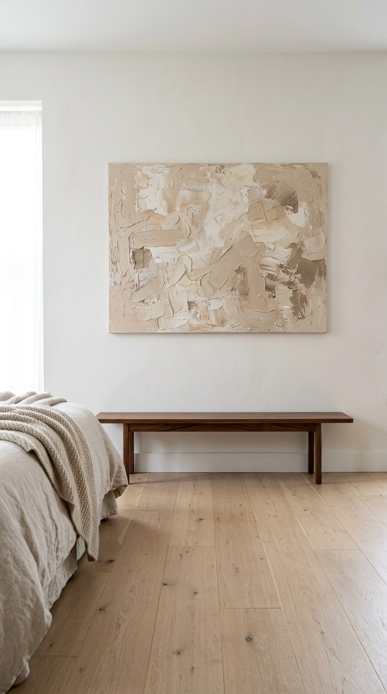 Single large abstract textural canvas in sand tones above a walnut bench