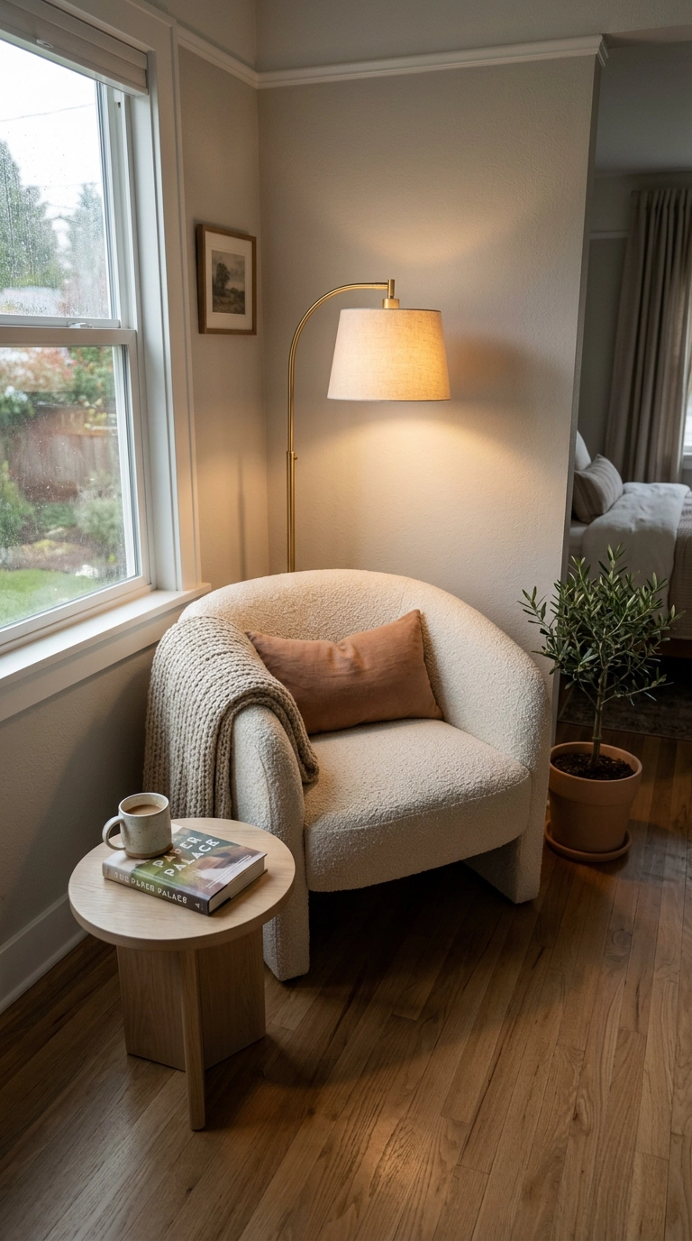 Cream boucle reading chair with brass floor lamp in a calm bedroom corner
