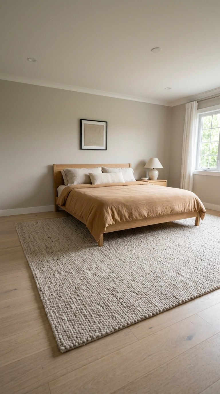 Oversized muted wool rug layered under the foot of a king bed