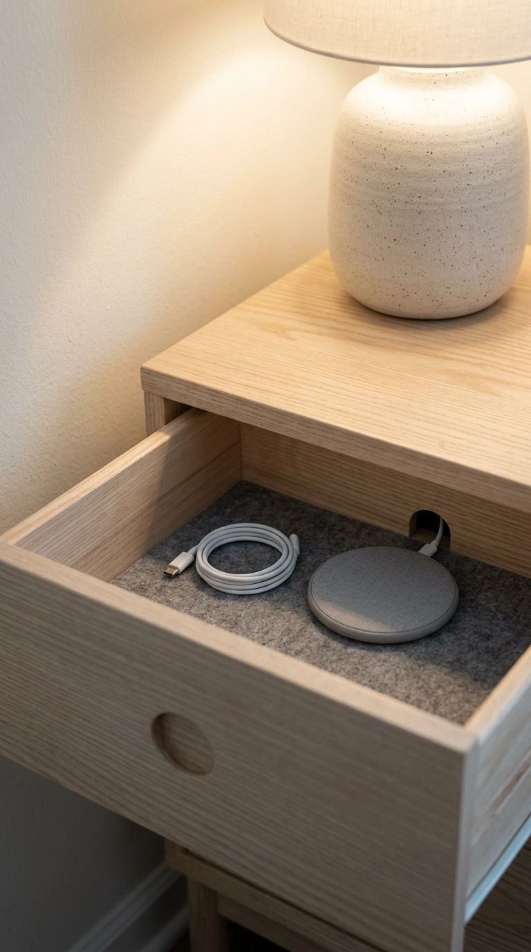 Nightstand drawer with a cord notch hiding phone chargers out of sight