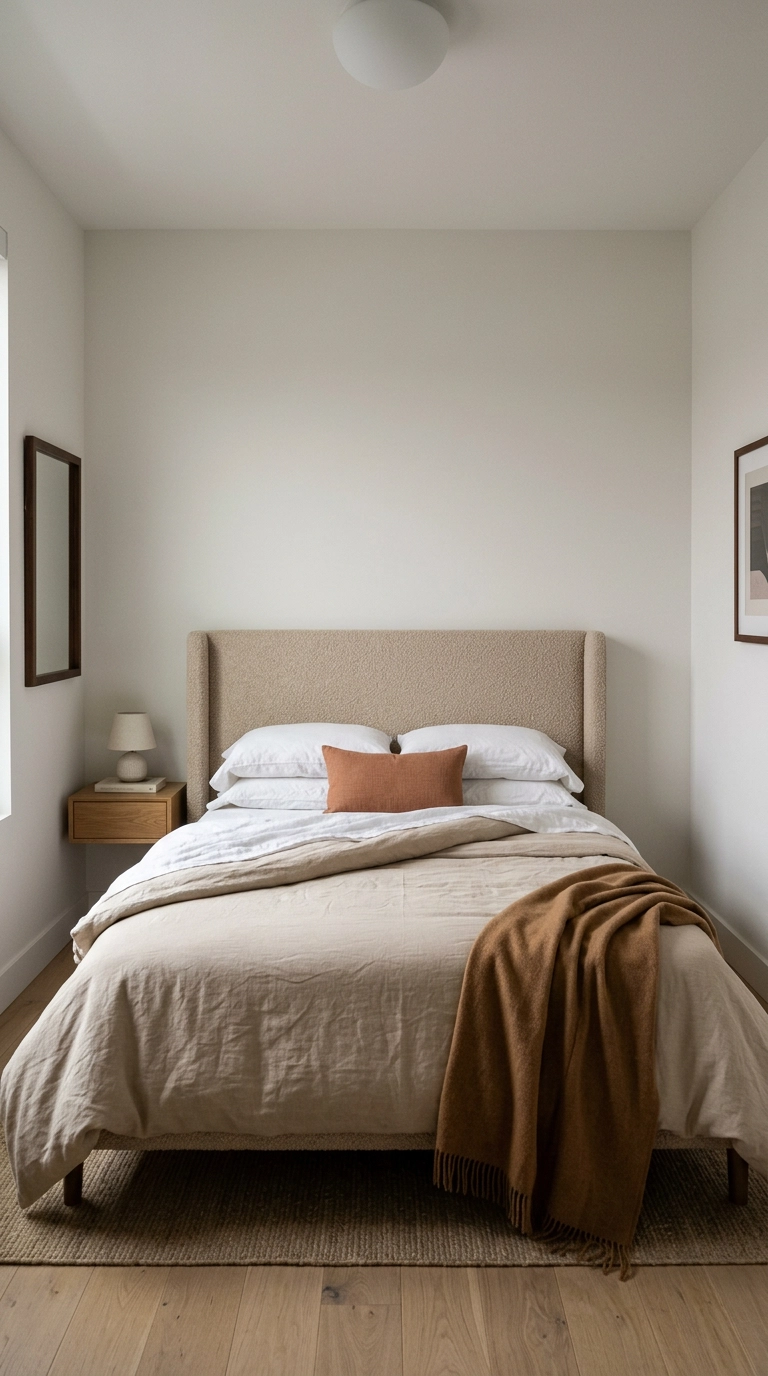 Layered neutral bedding in oatmeal and sand tones on an upholstered boucle headboard