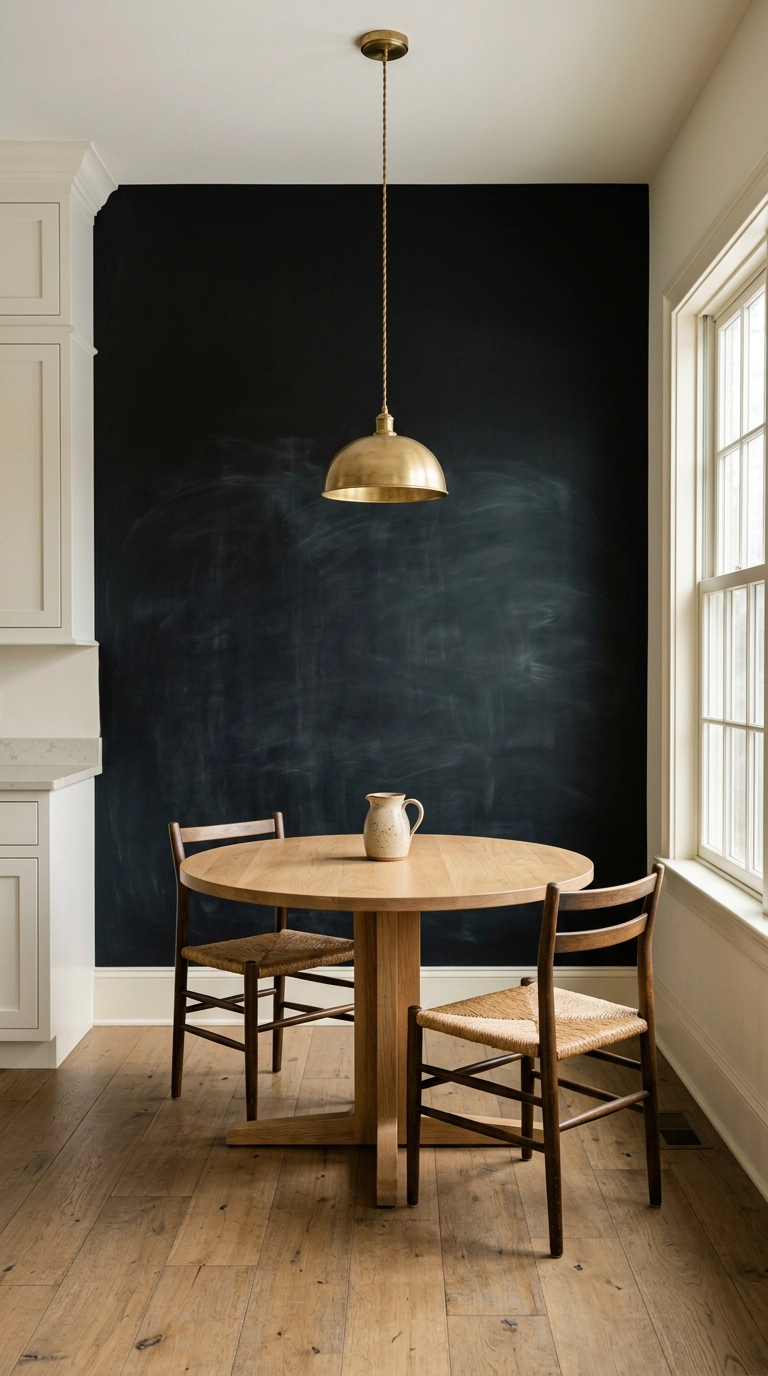 Matte black chalkboard wall in a kitchen breakfast nook with an oak table and brass pendant