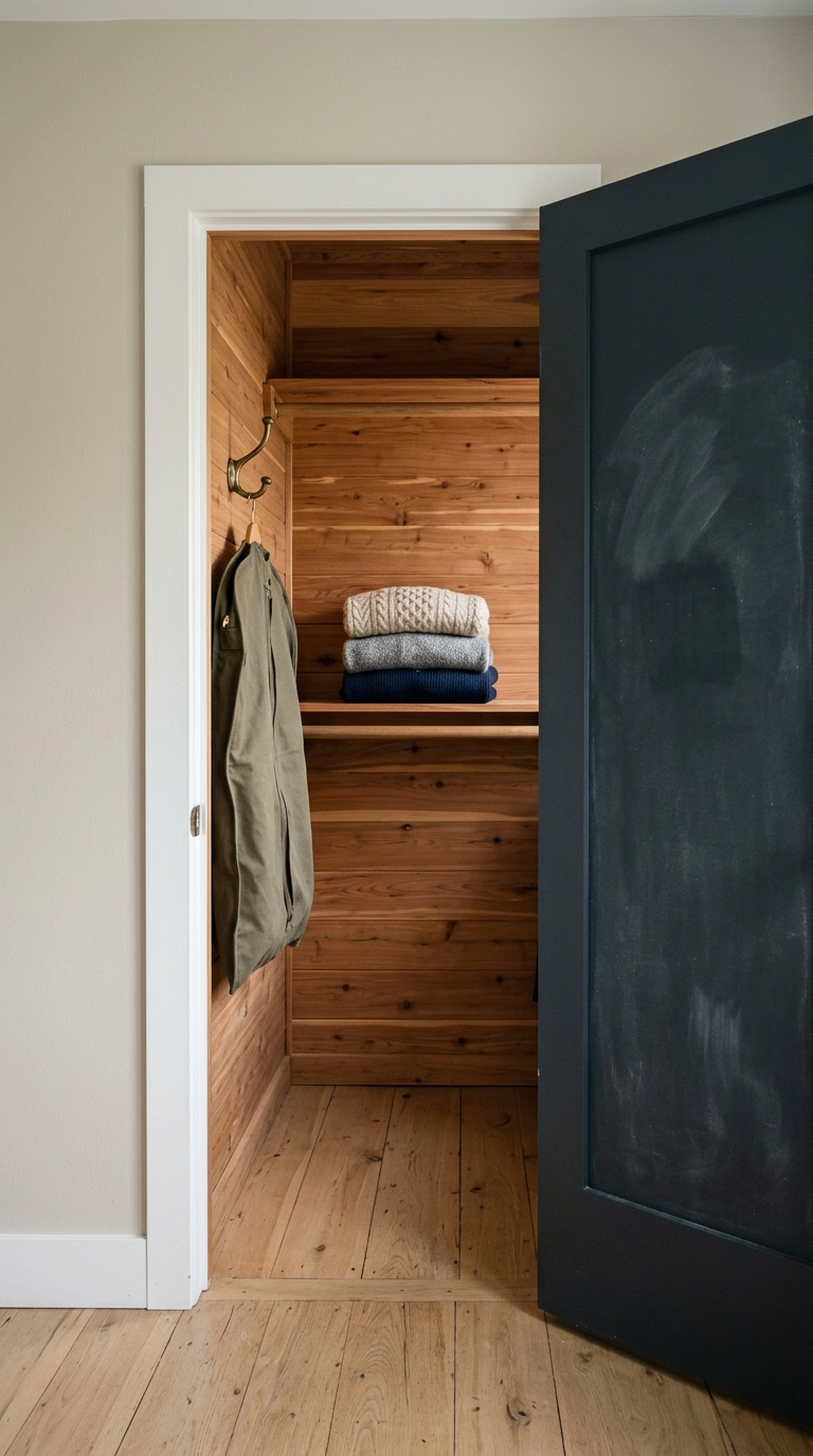 Inside of a closet door painted in charcoal chalkboard paint beside cedar shelving