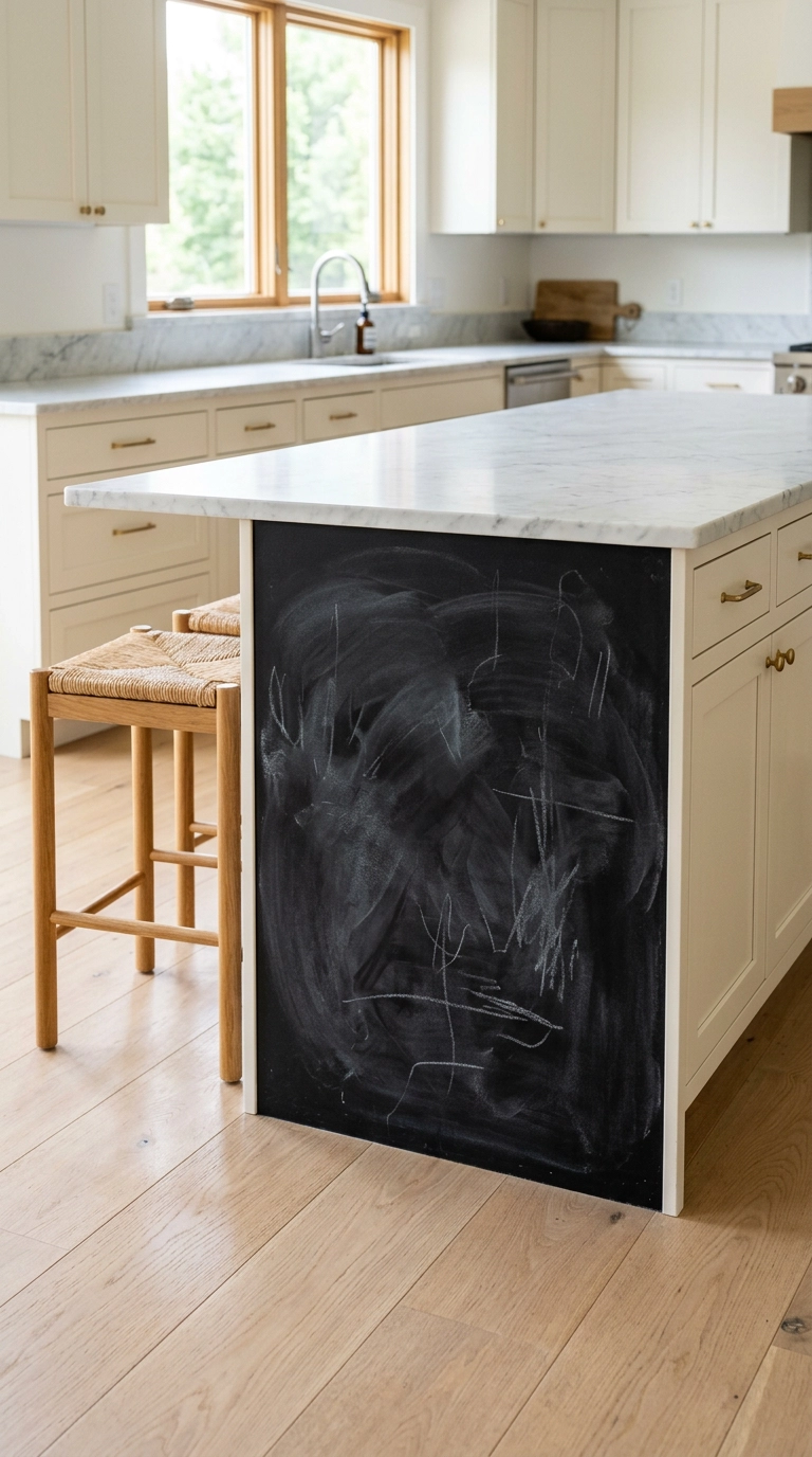 Kitchen island back panel painted in black chalkboard paint with oak stools and marble counter