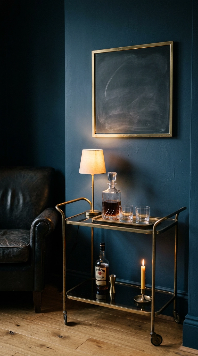 Small brass-framed chalkboard above a bar cart against a deep ink blue living room wall