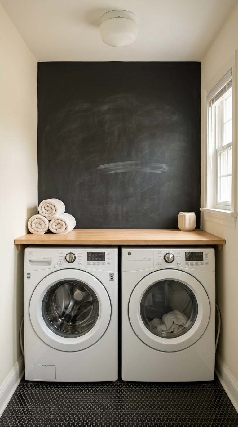 Charcoal chalkboard panel above a washer and dryer with a white oak folding counter