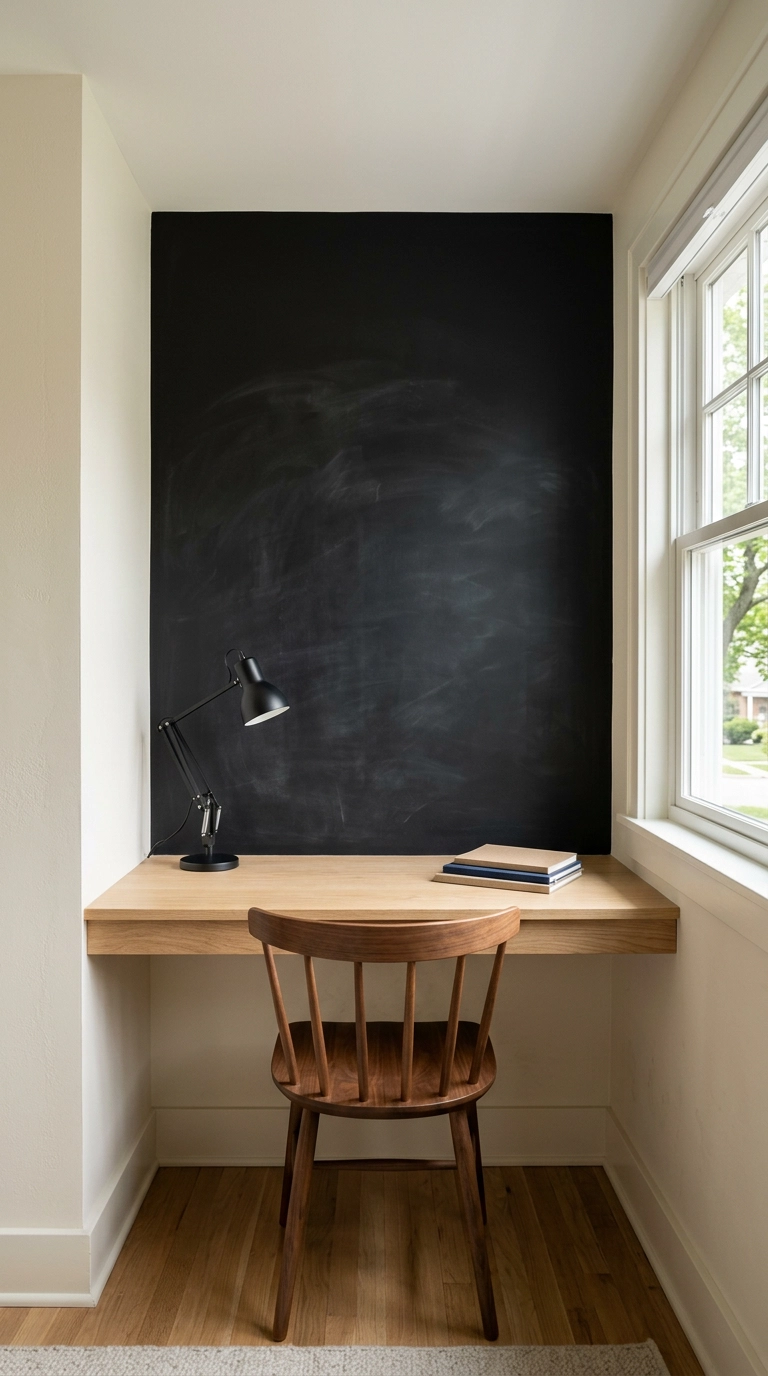 Black chalkboard wall above a white oak floating desk in a bedroom homework nook