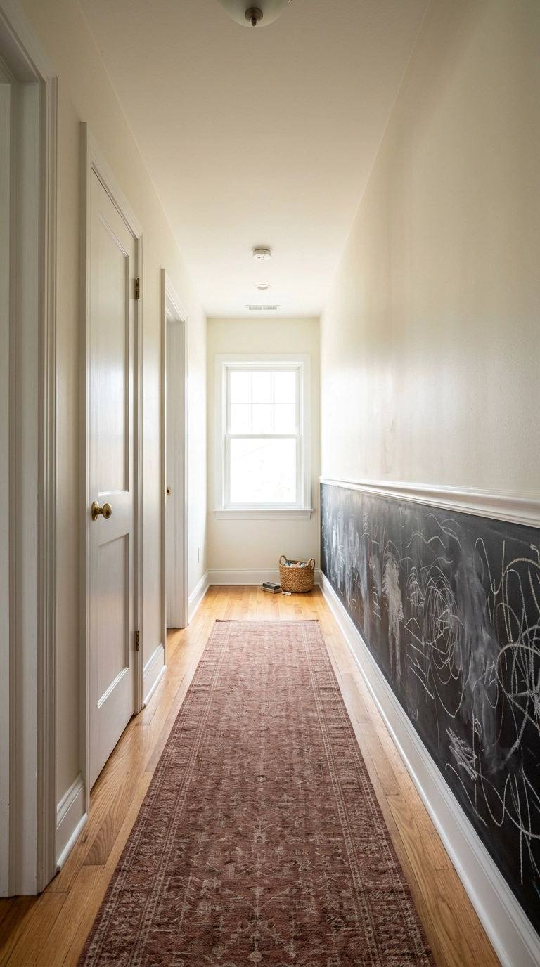 Chalkboard strip painted at kid height along a hallway wall below a chair rail