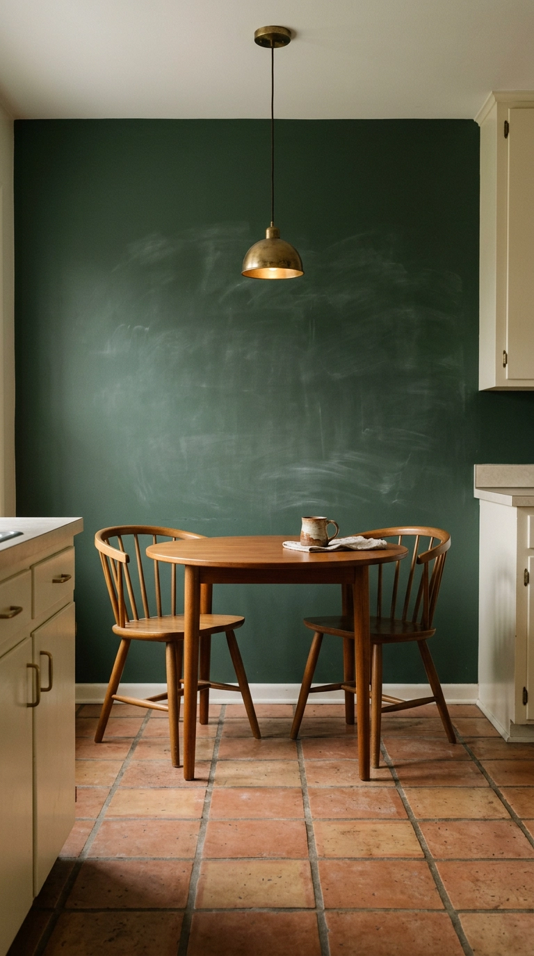 Deep forest green chalkboard wall behind a teak table in a ranch home eat-in kitchen