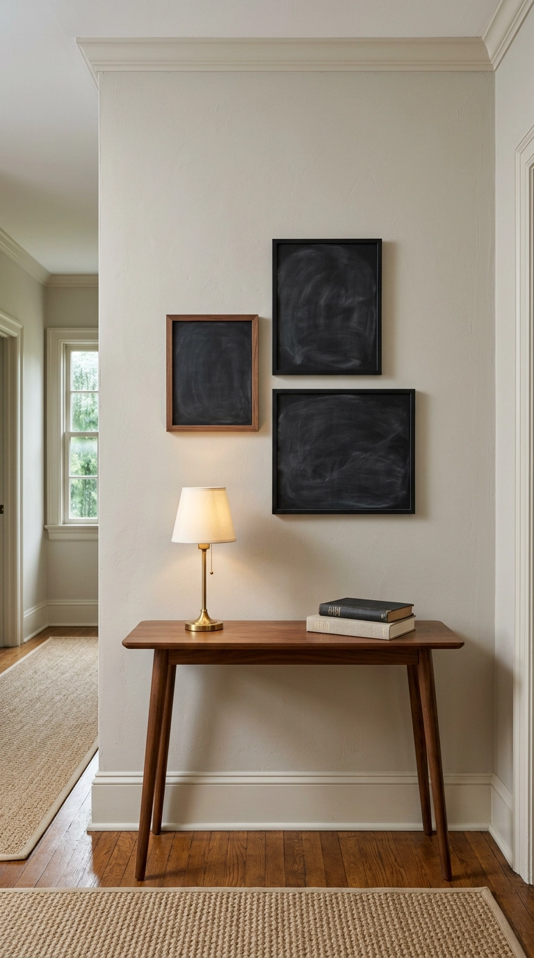 Three small framed chalkboard panels grouped on a greige hallway wall above a console table