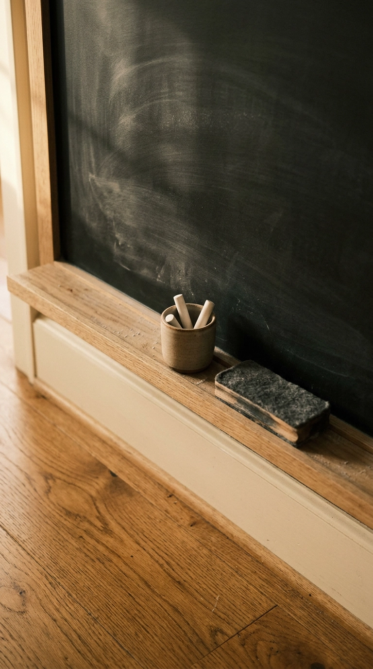 Slim oak chalk ledge with a stoneware chalk cup mounted below a matte black chalkboard wall