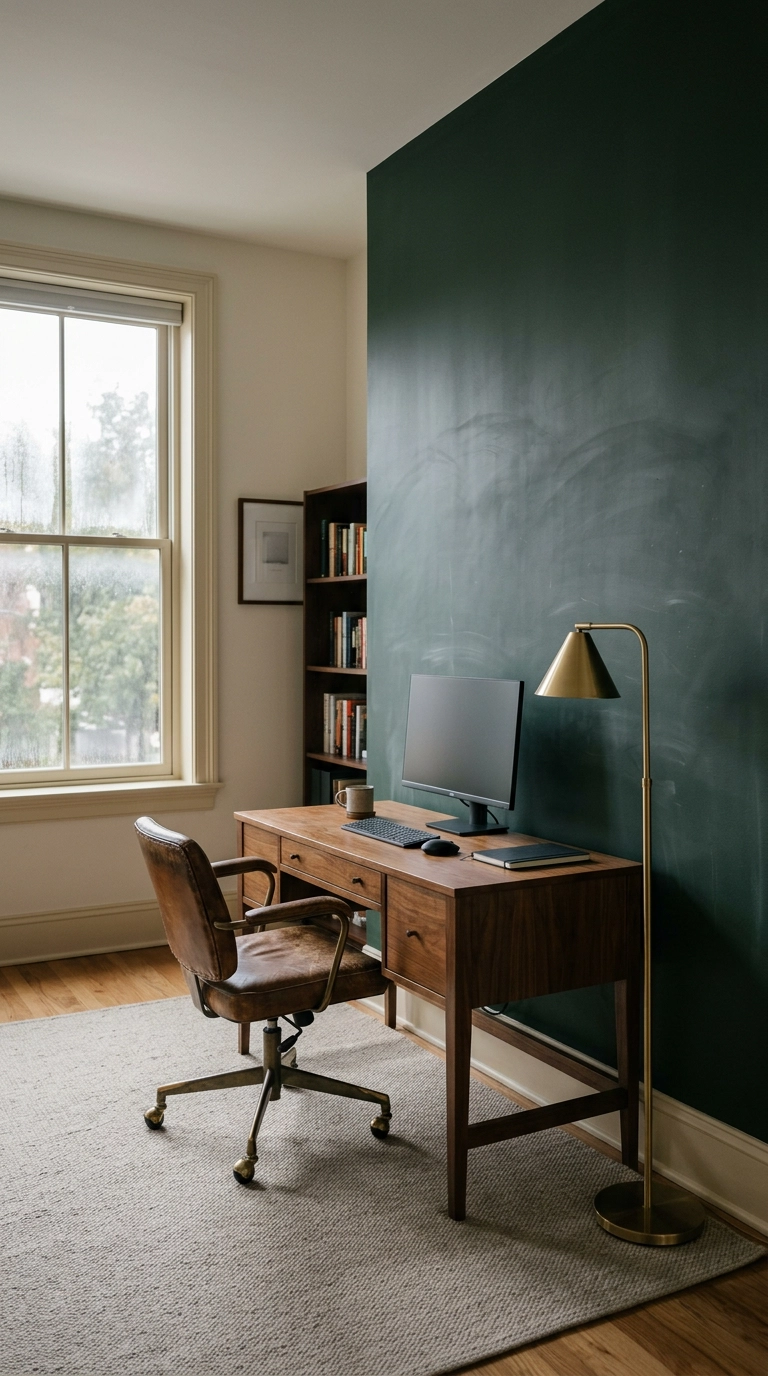 Deep green chalkboard wall filling a home office behind a walnut writing desk