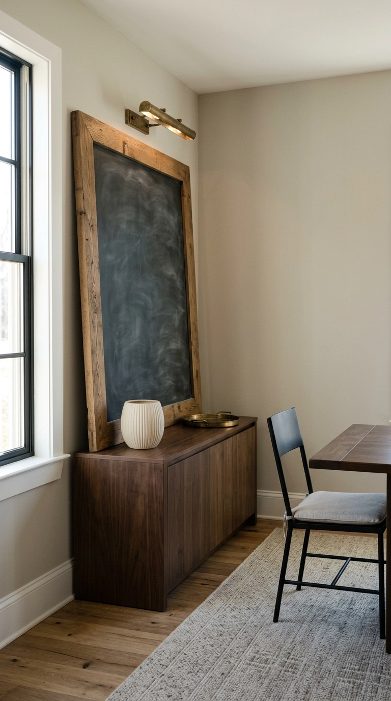 Large framed chalkboard panel leaning against a greige dining room wall above a walnut sideboard