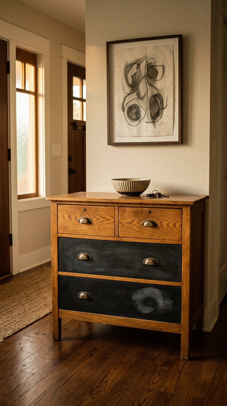 Console with two drawer fronts painted in black chalkboard paint in a craftsman entry hall