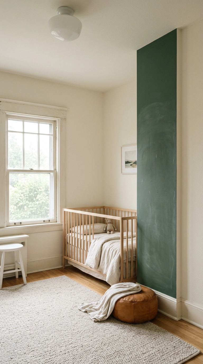 Narrow green chalkboard growth chart column painted floor to ceiling in a white oak nursery