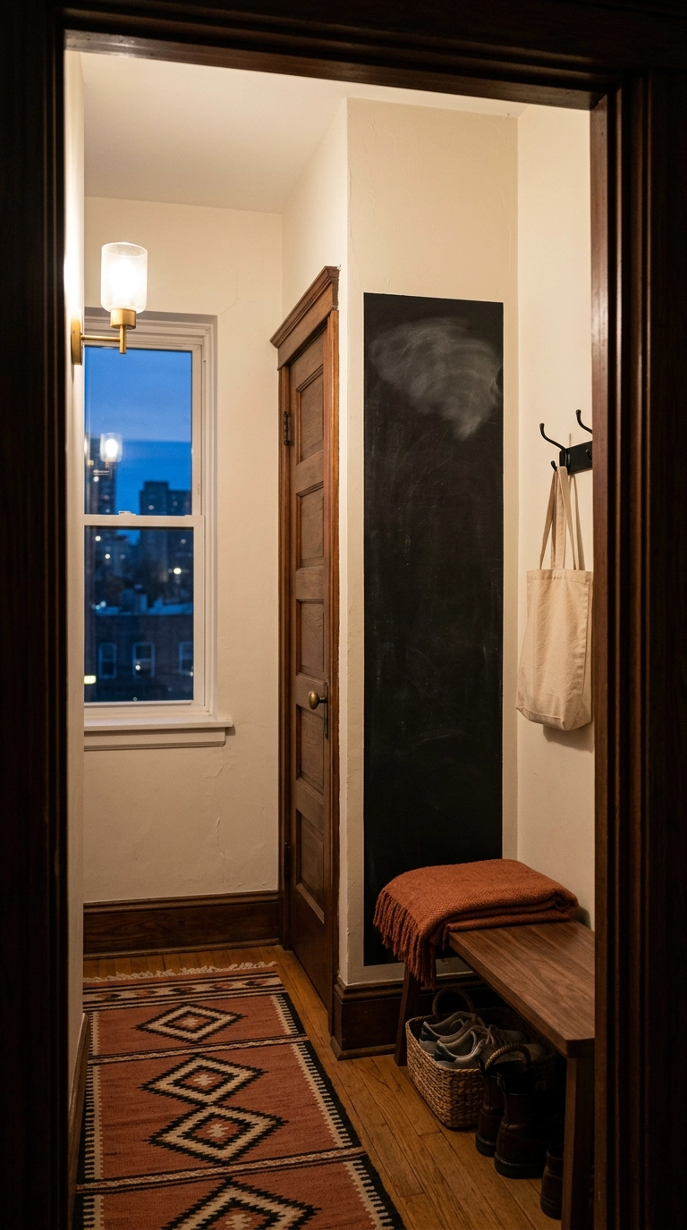 Narrow chalkboard panel painted beside an apartment front door with black hooks and walnut bench