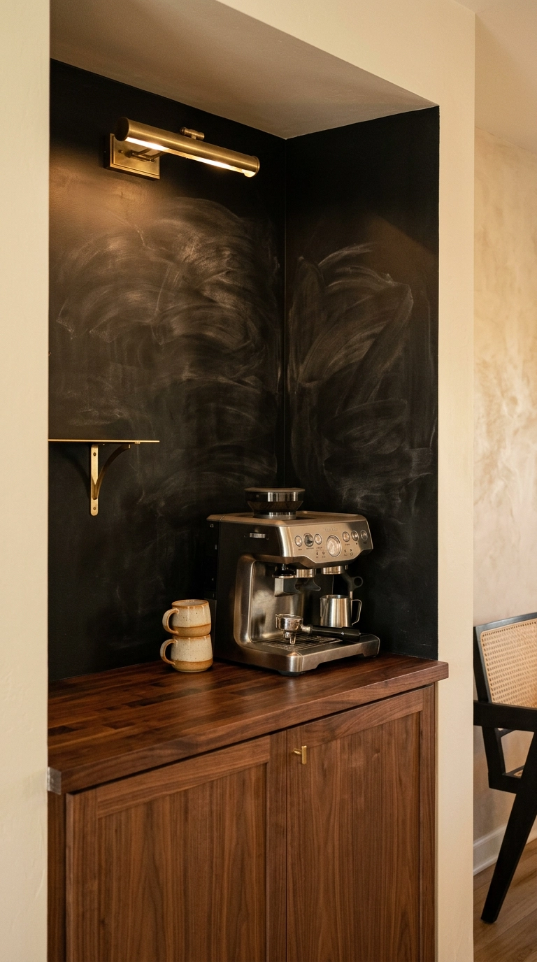 Black chalkboard wall above a walnut coffee bar nook with an espresso machine and stoneware mugs