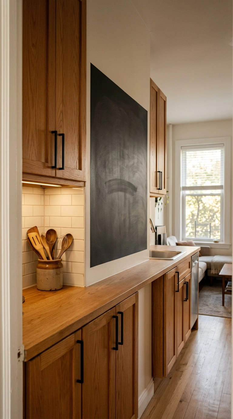 Peel-and-stick chalkboard wall panel in a small rental galley kitchen with honey oak cabinets