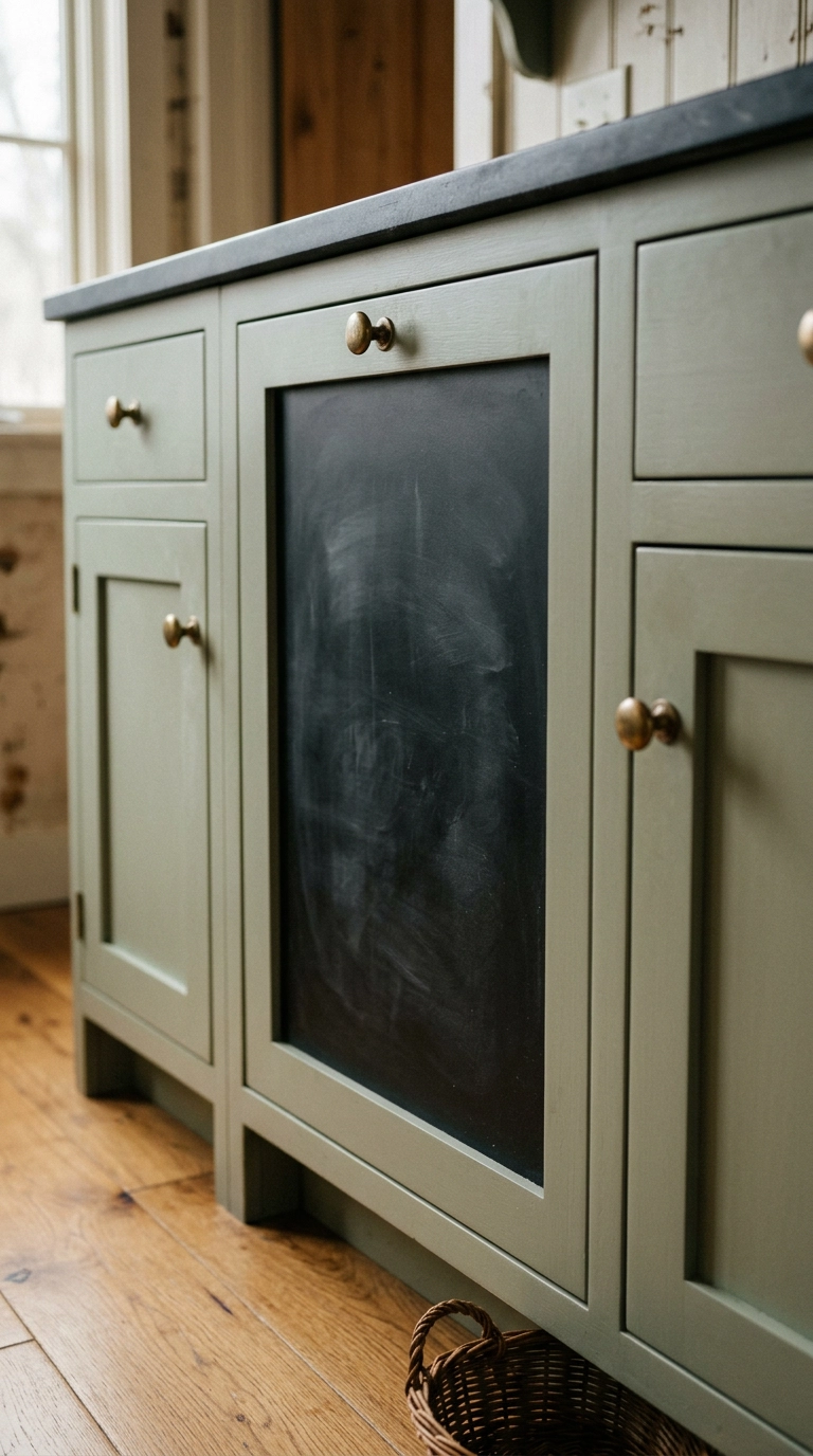 Chalkboard contact paper applied to one sage green kitchen cabinet door with brass hardware