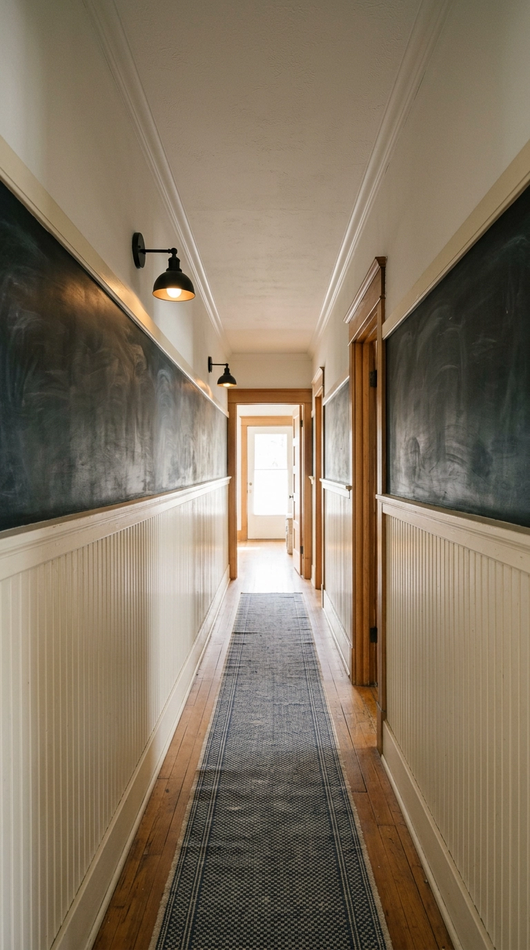 Chalkboard band painted above white beadboard wainscoting in a bungalow hallway