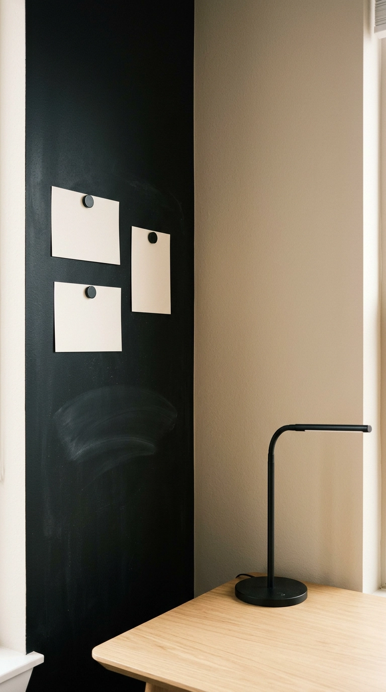 Magnetic chalkboard wall split with putty painted drywall in a condo home office corner