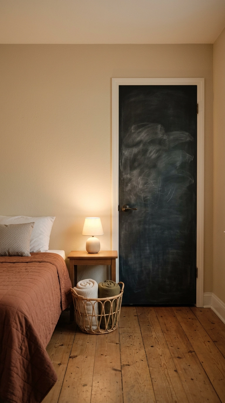 Child's bedroom door painted in charcoal chalkboard paint with a rust quilted twin bed nearby
