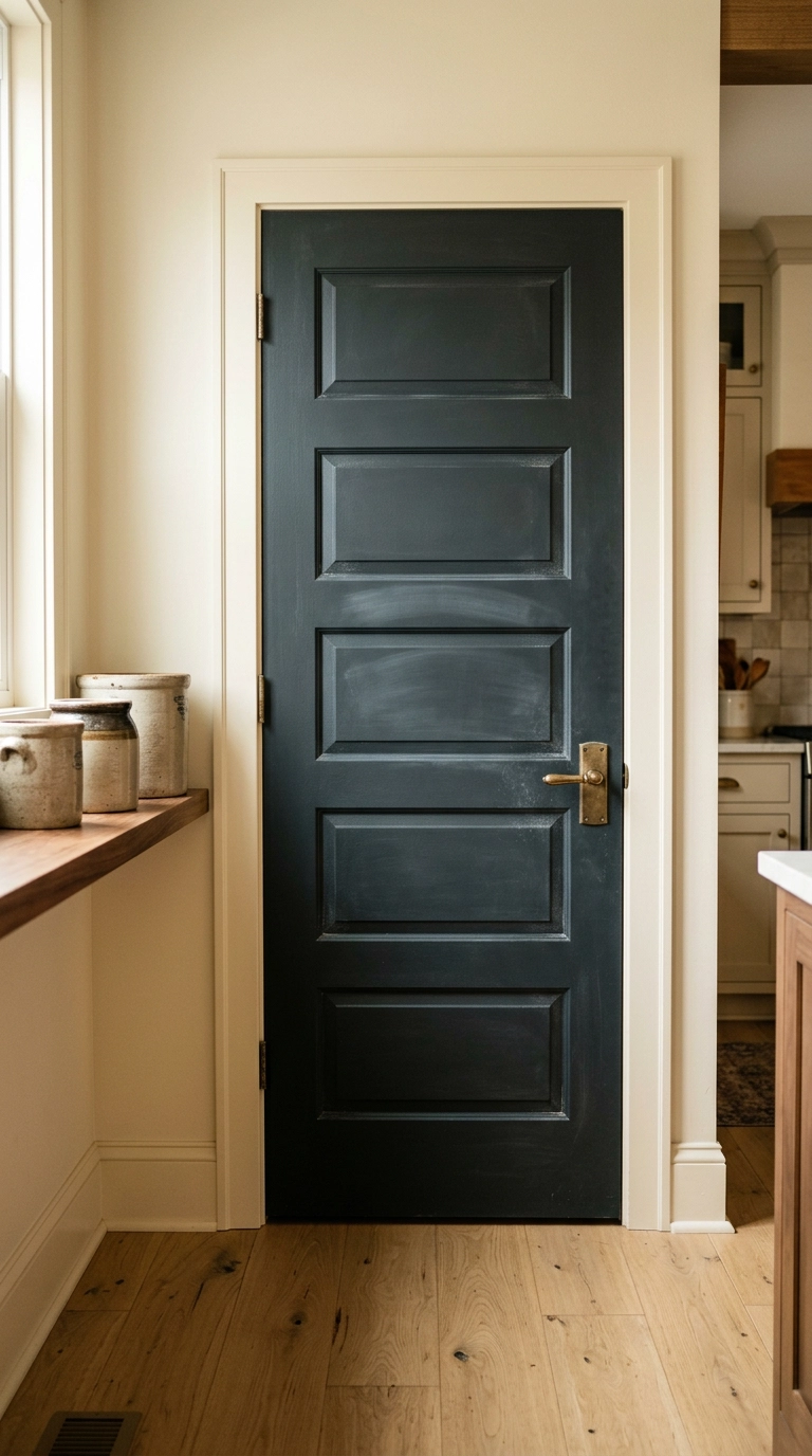 Pantry door painted in charcoal chalkboard paint with brass lever handle in a warm kitchen