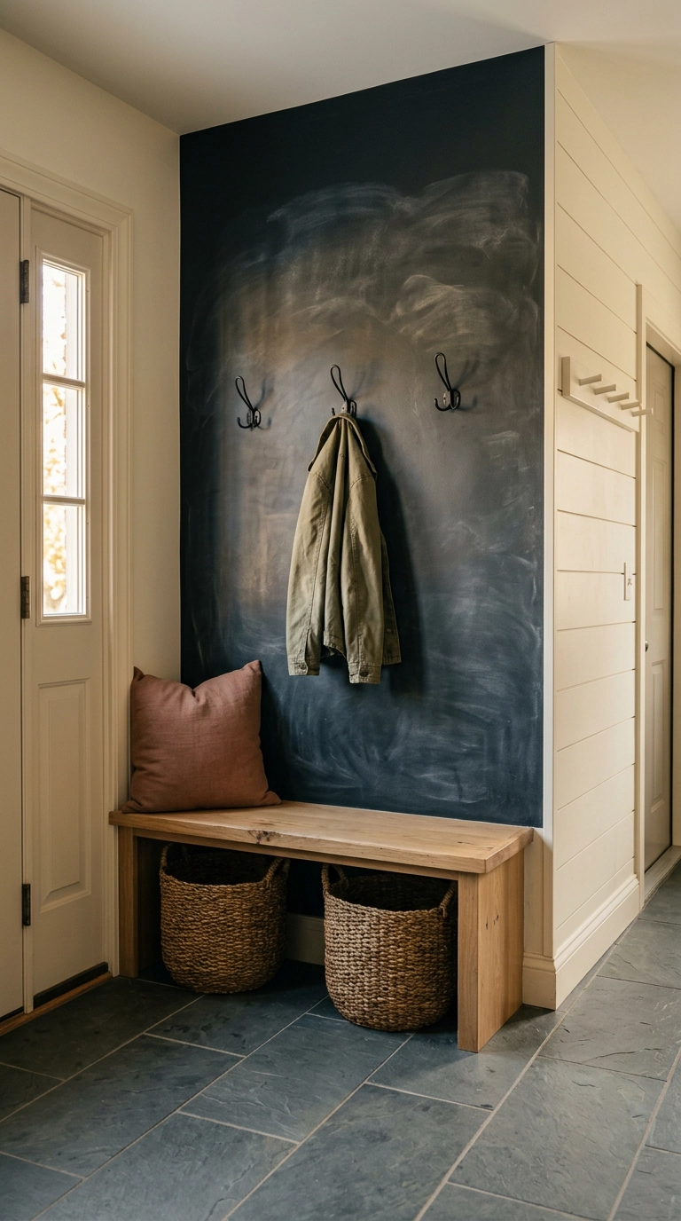 Charcoal chalkboard wall above a white oak mudroom bench with hooks and woven baskets