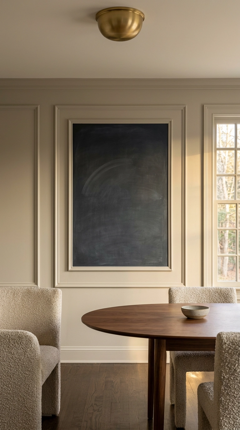 Chalkboard inset inside picture-frame molding on a greige dining room wall