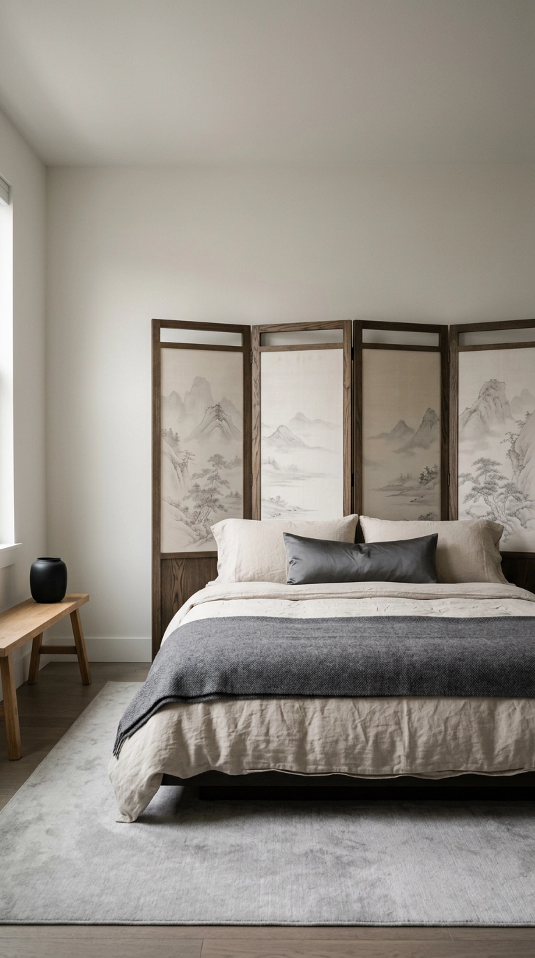 Bedroom with a four-panel ink-wash folding screen used as a headboard behind a low platform bed
