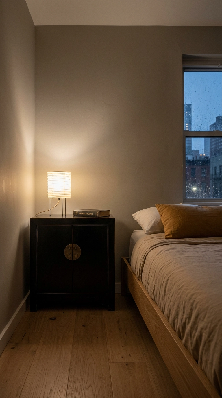Small black lacquer cabinet used as a bedroom nightstand with a paper-shaded lamp
