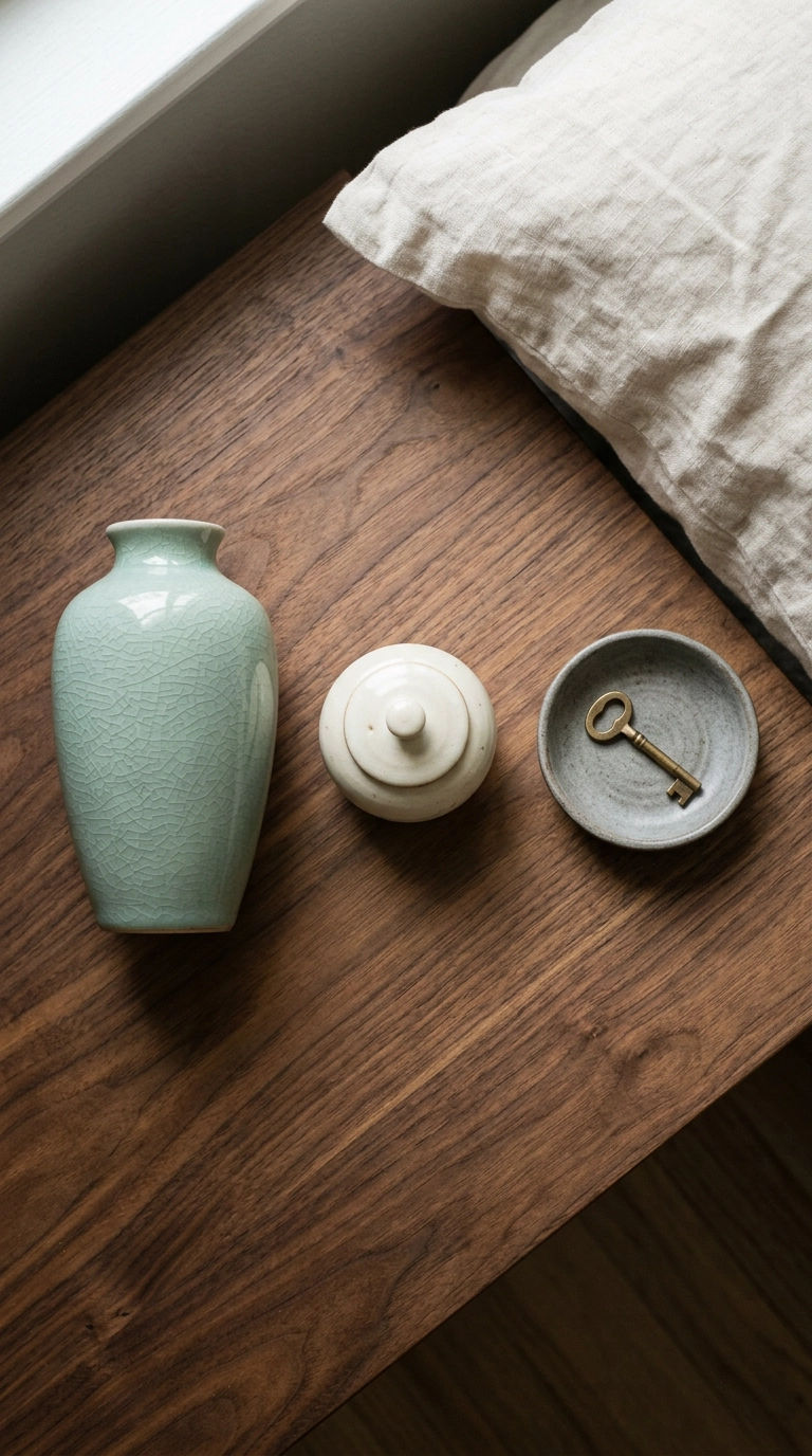 Overhead view of three crackle-glazed celadon and ivory ceramic vessels on a walnut nightstand