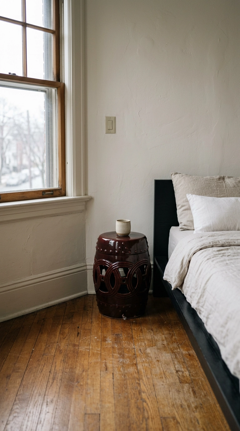 Oxblood porcelain garden stool with pierced sides used as a bedside table beside a low black oak bed