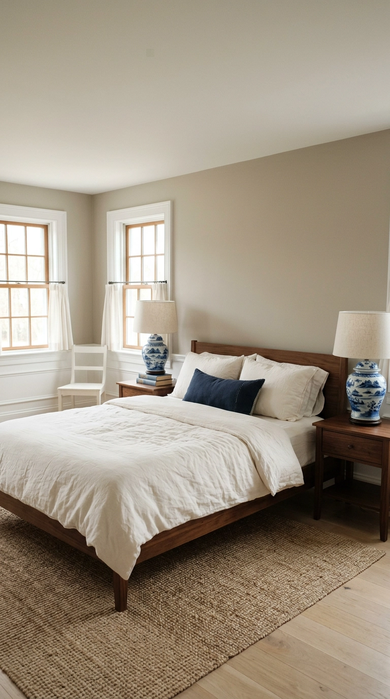 Bedroom with a pair of blue-and-white porcelain ginger jar lamps flanking a walnut bed
