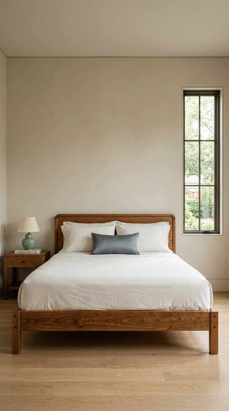 Modern Chinese bedroom with a Ming-style elm platform bed, white bedding and a celadon lamp