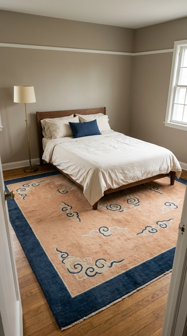 Apricot and navy Chinese Art Deco wool rug filling a bedroom floor beneath a simple walnut bed