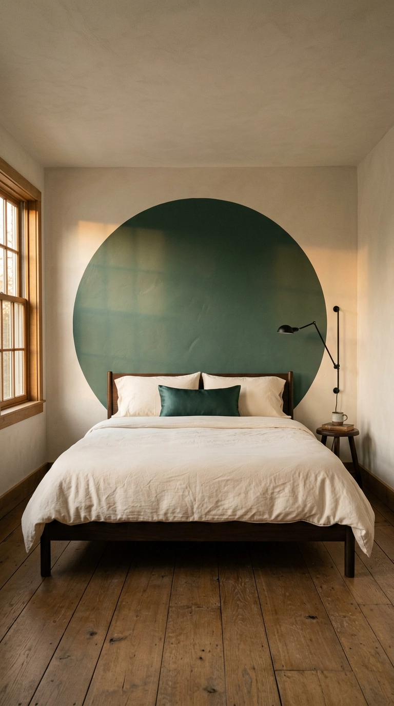 Bedroom with a jade green circular moon gate arch painted on the wall behind a dark elm bed
