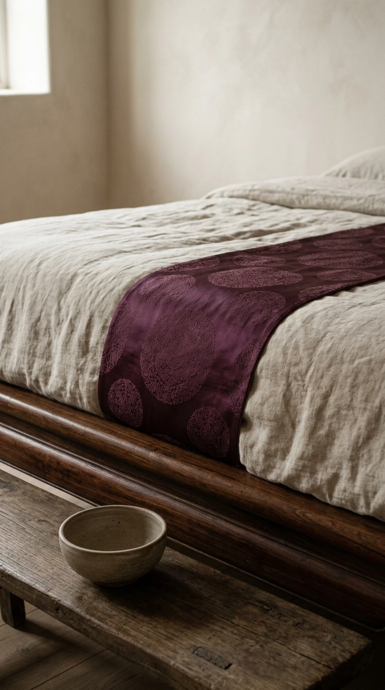 Deep plum silk brocade bed runner laid across linen bedding on a dark rosewood bed