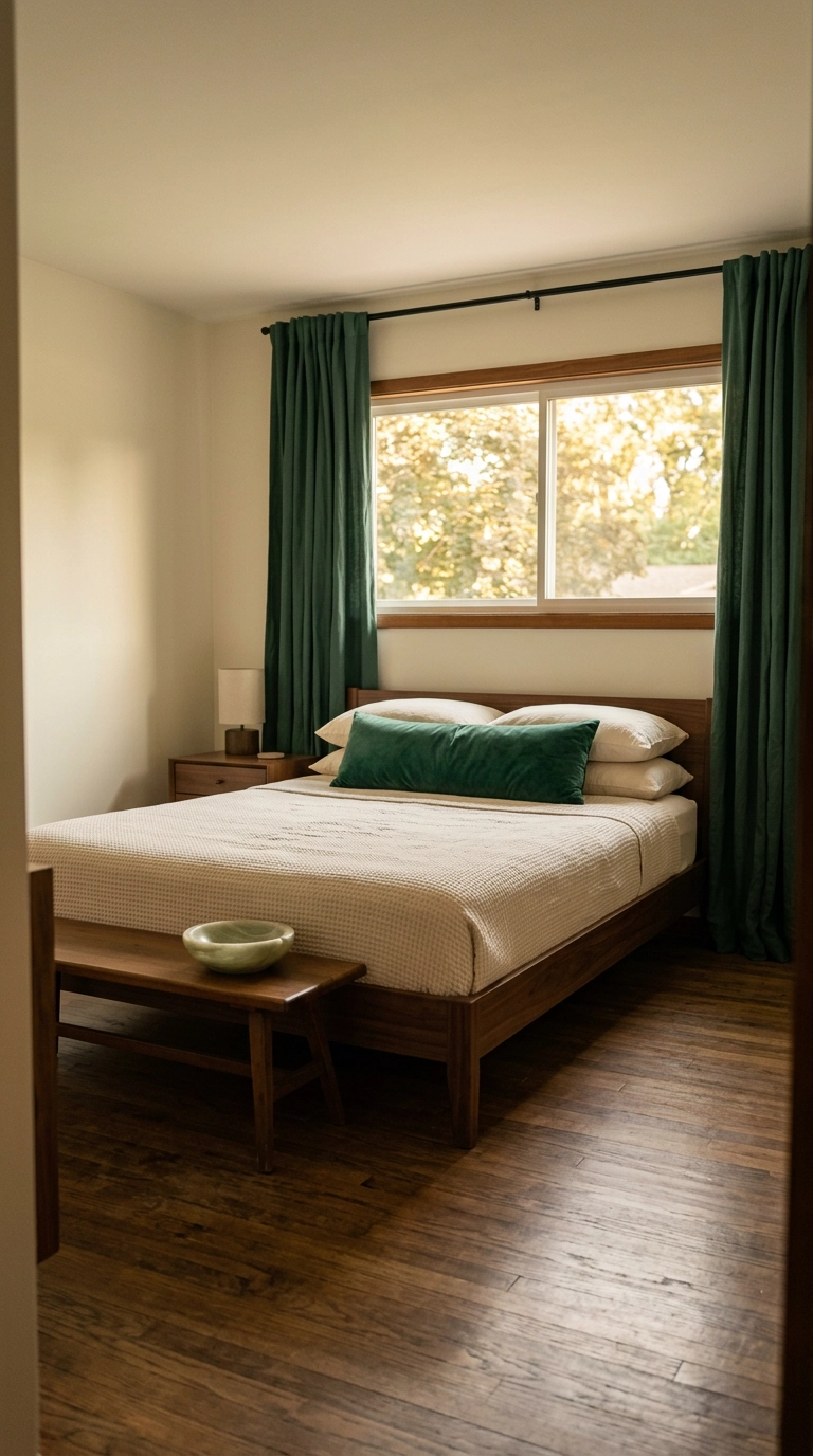 Bedroom in jade green and ivory with tall jade curtains and a low walnut bed