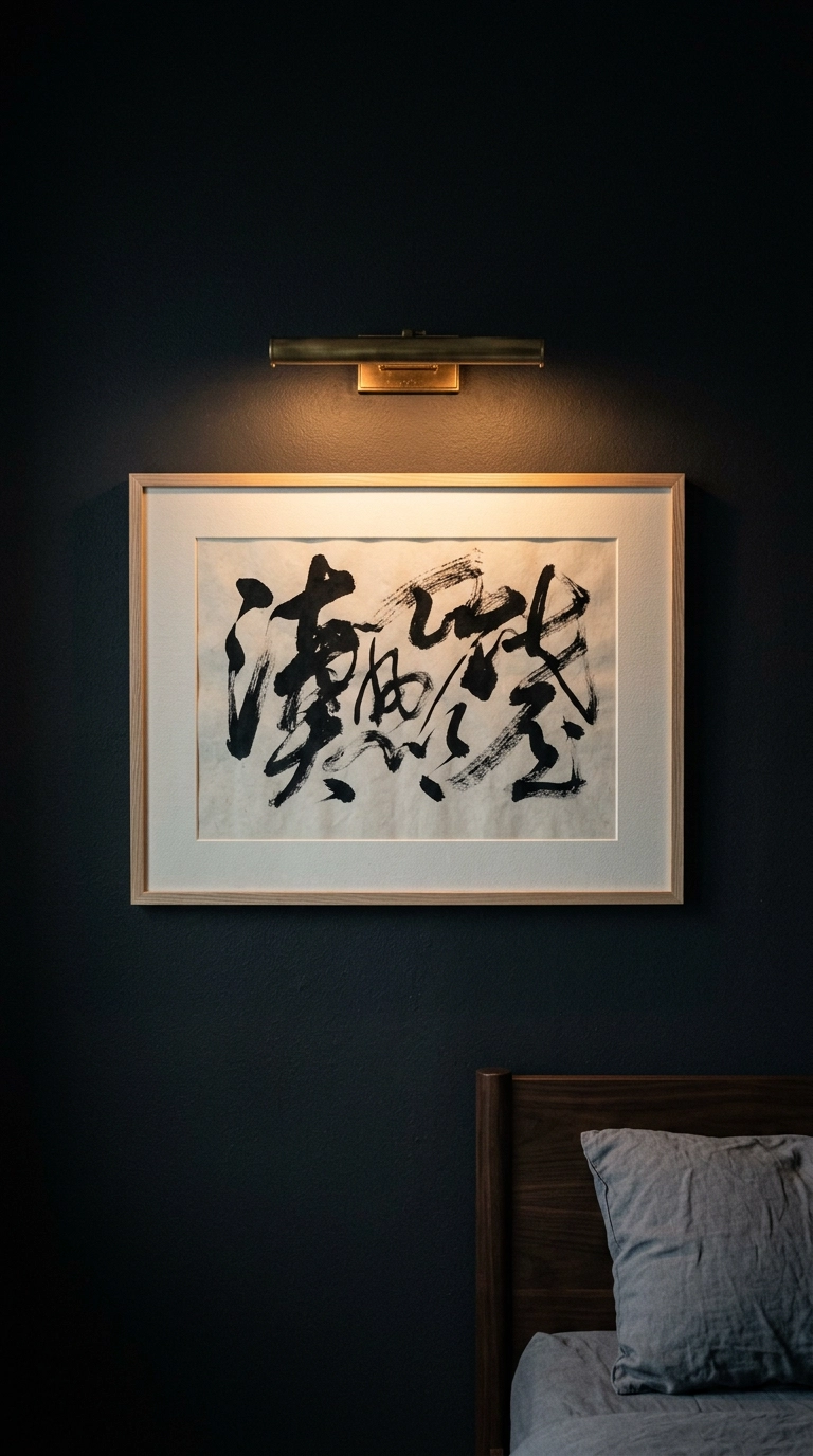 Framed abstract calligraphy brushwork lit by a brass picture light on a dark charcoal wall